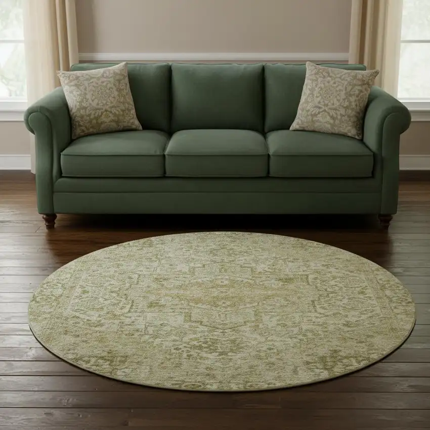 8' Beige And Gold Oriental Washable Round Rug With UV Protection Photo 2