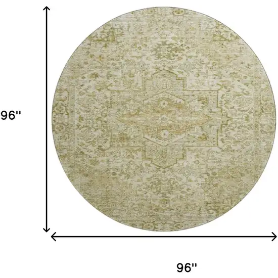 8' Beige And Gold Oriental Washable Round Rug With UV Protection Photo 9