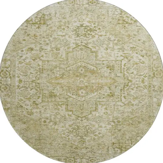 8' Beige And Gold Oriental Washable Round Rug With UV Protection Photo 3