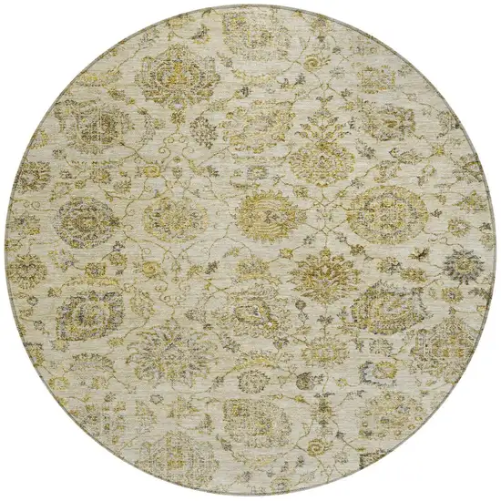 8' Beige And Gold Round Damask Washable Indoor Outdoor Area Rug Photo 3