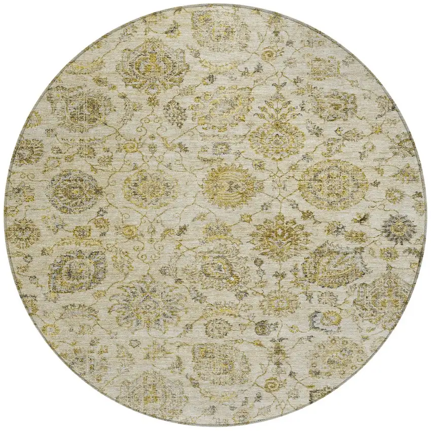 8' Beige And Gold Round Damask Washable Indoor Outdoor Area Rug Photo 3