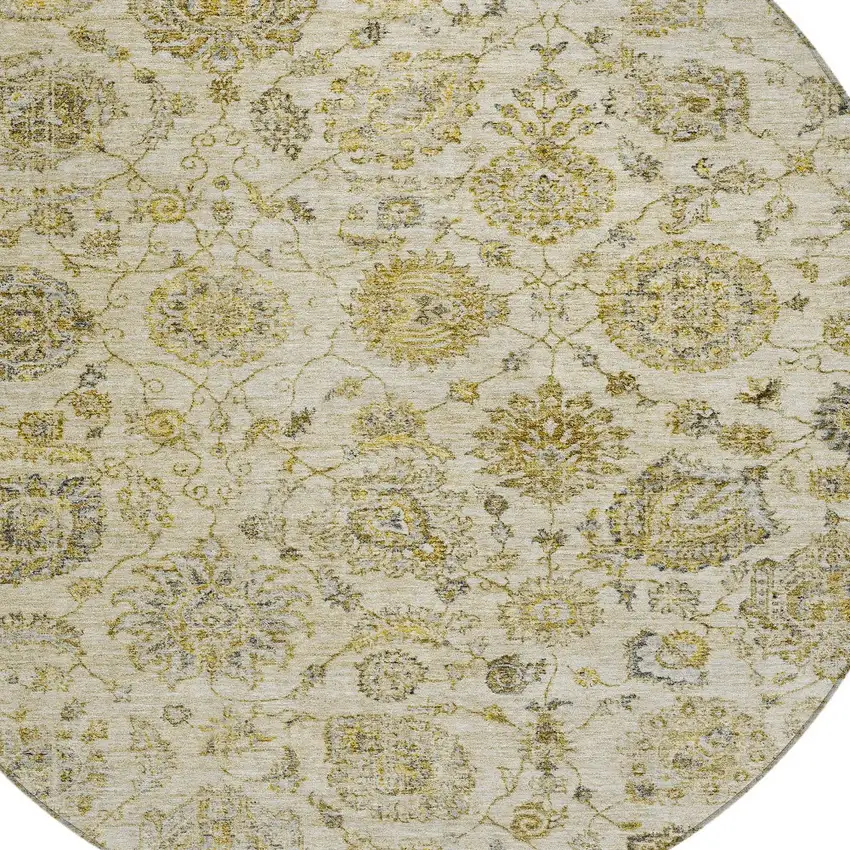 8' Beige And Gold Round Damask Washable Indoor Outdoor Area Rug Photo 8
