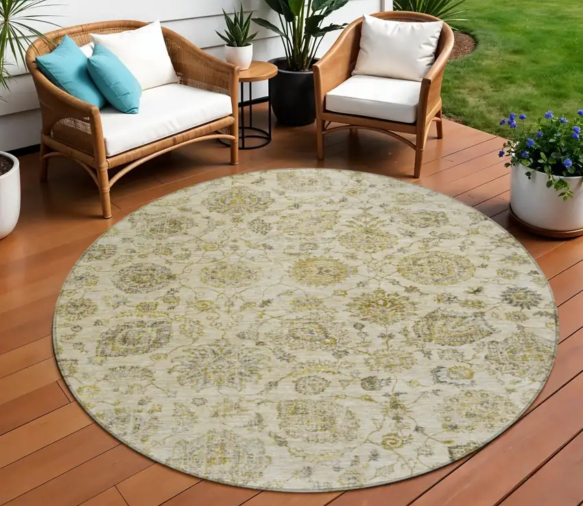 8' Beige And Gold Round Damask Washable Indoor Outdoor Area Rug Photo 2