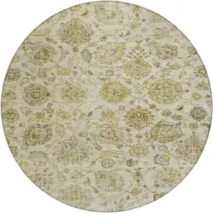 Photo of 8' Beige And Gold Round Damask Washable Indoor Outdoor Area Rug