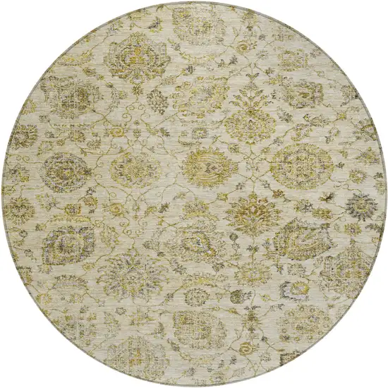 8' Beige And Gold Round Damask Washable Indoor Outdoor Area Rug Photo 1