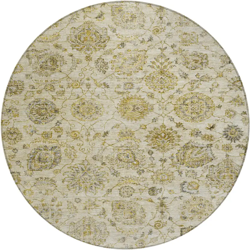 8' Beige And Gold Round Damask Washable Indoor Outdoor Area Rug Photo 1