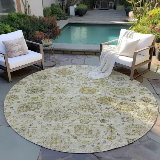 8' Beige And Gold Round Damask Washable Indoor Outdoor Area Rug Photo 5