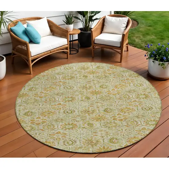 8' Beige And Gold Round Floral Washable Indoor Outdoor Area Rug Photo 2