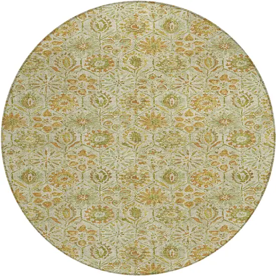 8' Beige And Gold Round Floral Washable Indoor Outdoor Area Rug Photo 1