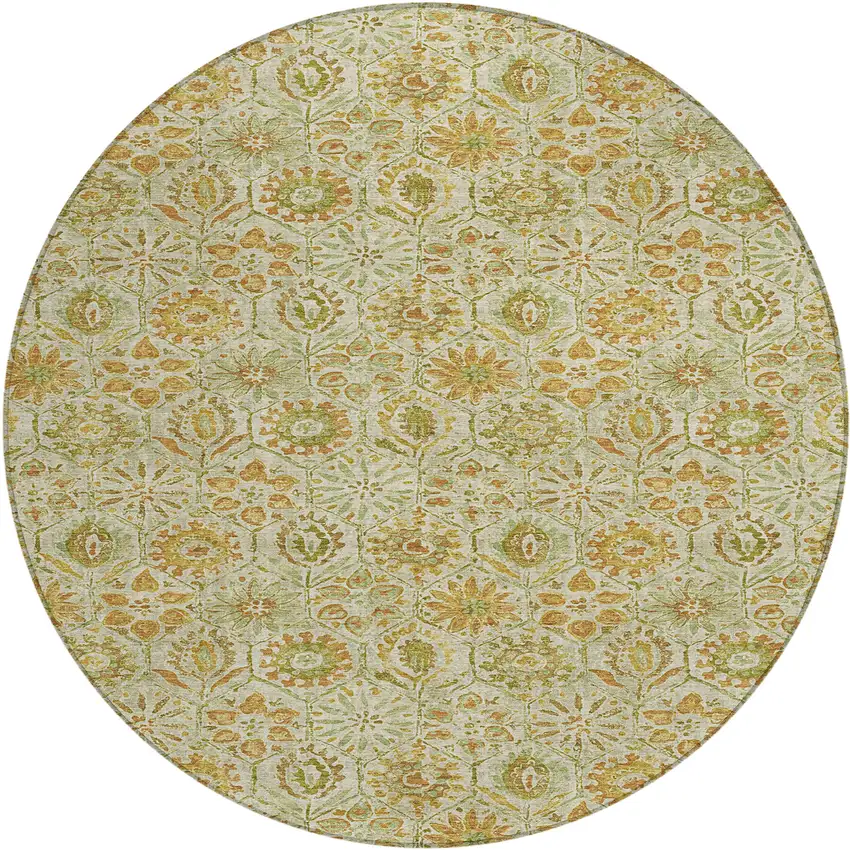 8' Beige And Gold Round Floral Washable Indoor Outdoor Area Rug Photo 1