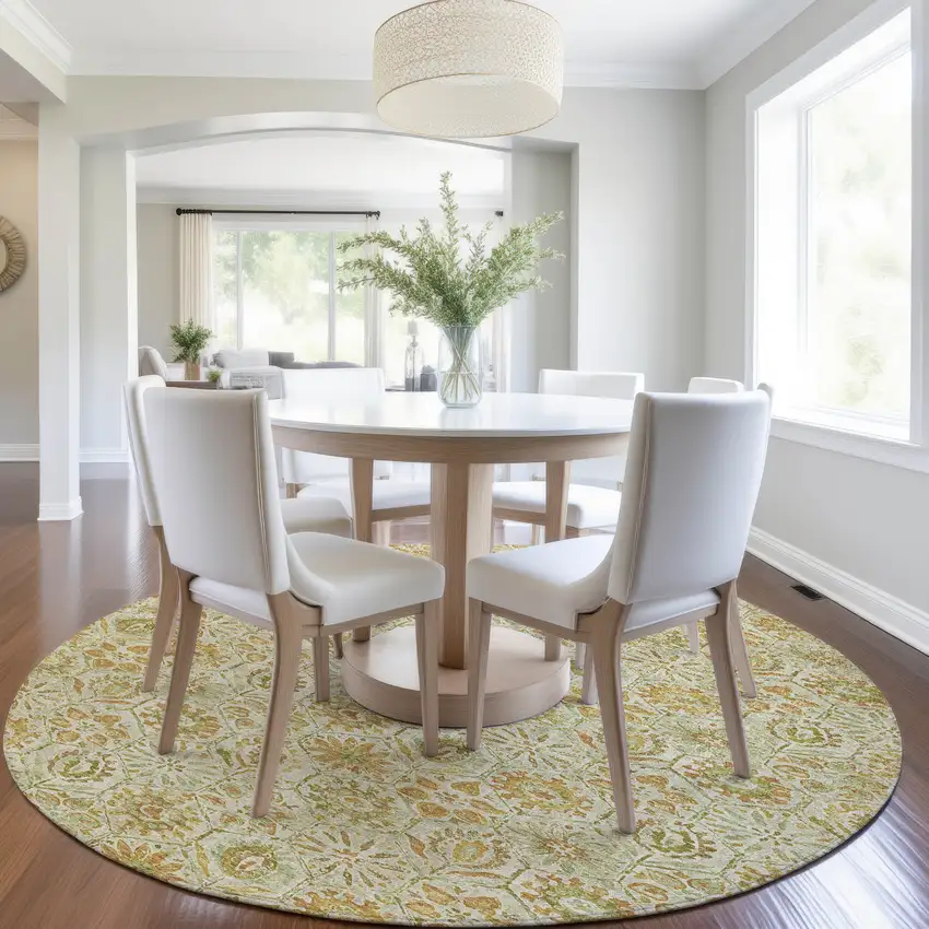 8' Beige And Gold Round Floral Washable Indoor Outdoor Area Rug Photo 6