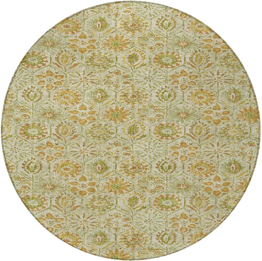 8' Beige And Gold Round Floral Washable Indoor Outdoor Area Rug Photo 3