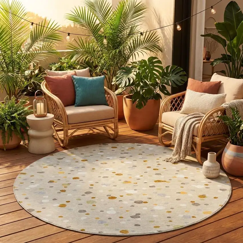 8' Beige And Gold Round Geometric Washable Indoor Outdoor Area Rug Photo 1