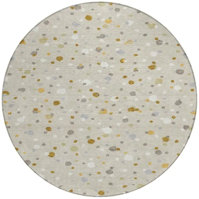 8' Beige And Gold Round Geometric Washable Indoor Outdoor Area Rug Photo 4