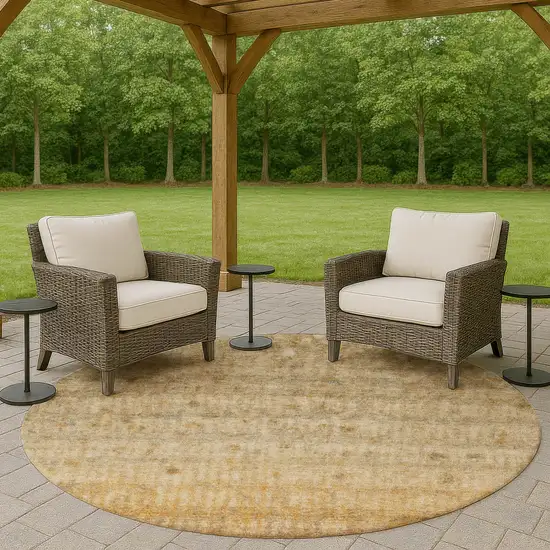 8' Beige And Gold Round Striped Washable Indoor Outdoor Area Rug Photo 8