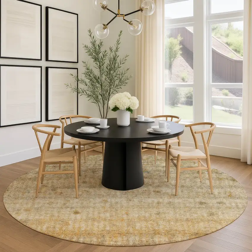 8' Beige And Gold Round Striped Washable Indoor Outdoor Area Rug Photo 9