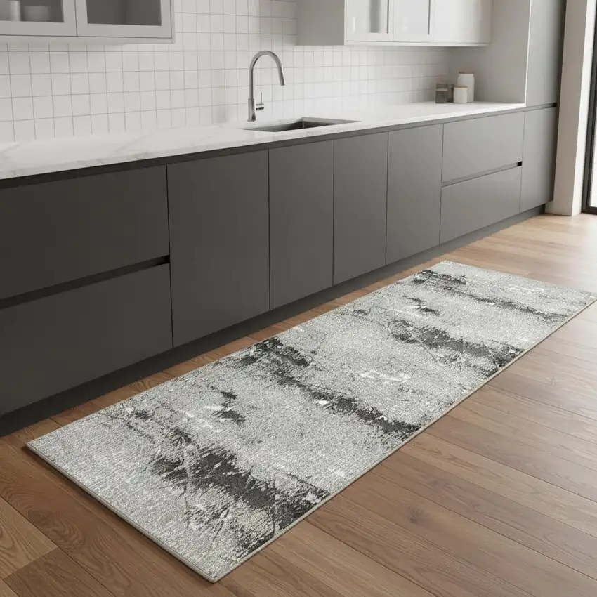 8' Beige And Gray Abstract Distressed Runner Rug Photo 1