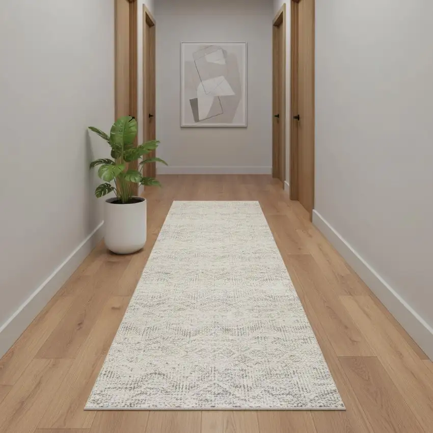 12' Beige And Gray Abstract Runner Rug Photo 1