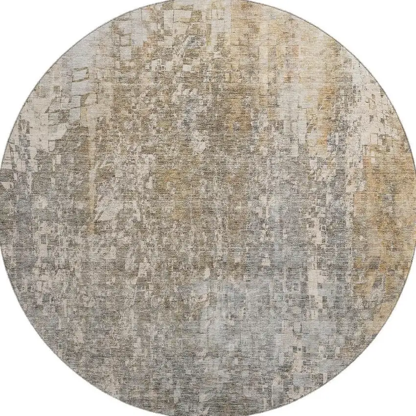 8' Beige And Gray Abstract Washable Round Rug With UV Protection Photo 3