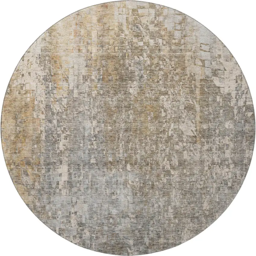 8' Beige And Gray Abstract Washable Round Rug With UV Protection Photo 4