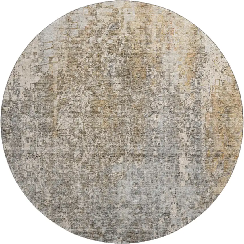 8' Beige And Gray Abstract Washable Round Rug With UV Protection Photo 1