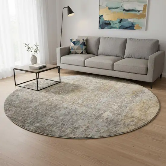 8' Beige And Gray Abstract Washable Round Rug With UV Protection Photo 2