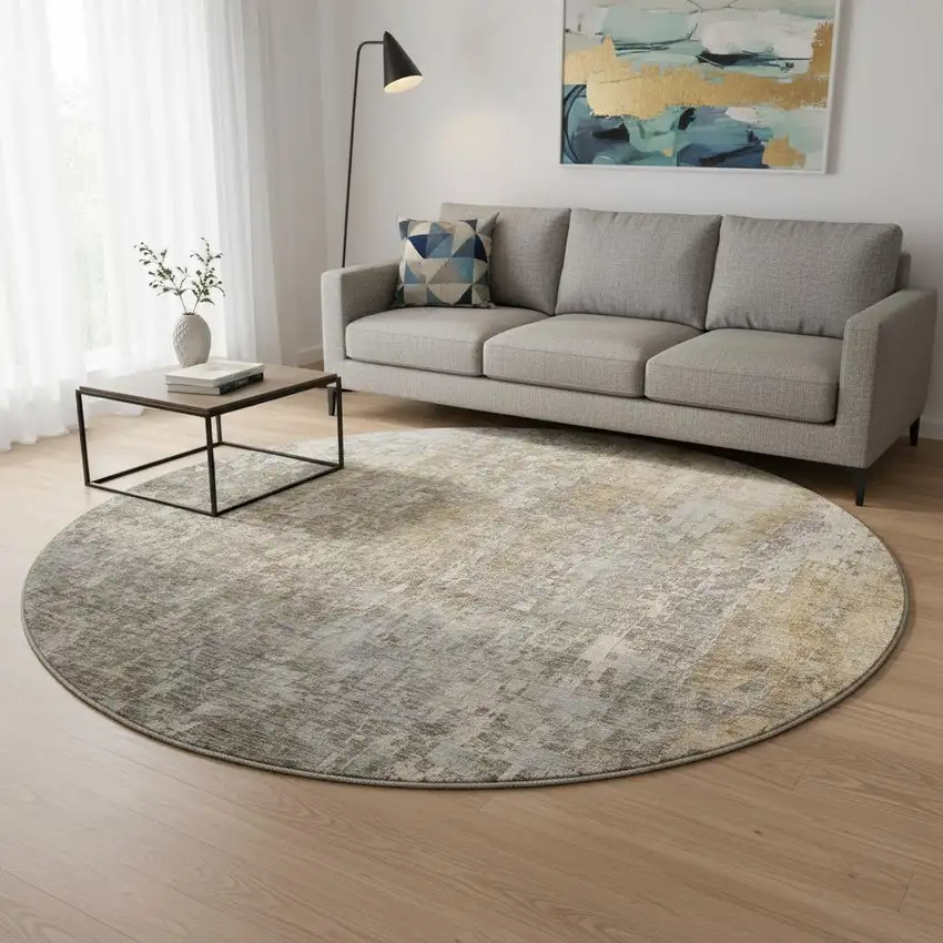 8' Beige And Gray Abstract Washable Round Rug With UV Protection Photo 2