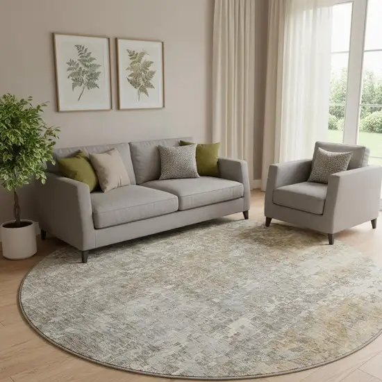 8' Beige And Gray Abstract Washable Round Rug With UV Protection Photo 1