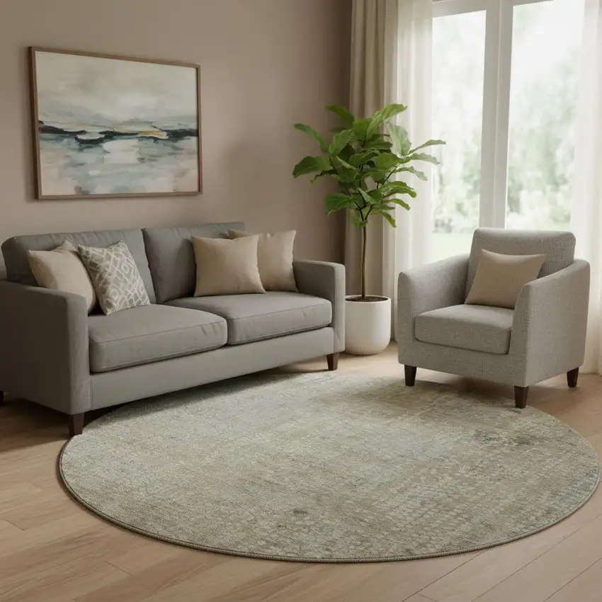 8' Beige And Gray Abstract Washable Round Rug With UV Protection Photo 2