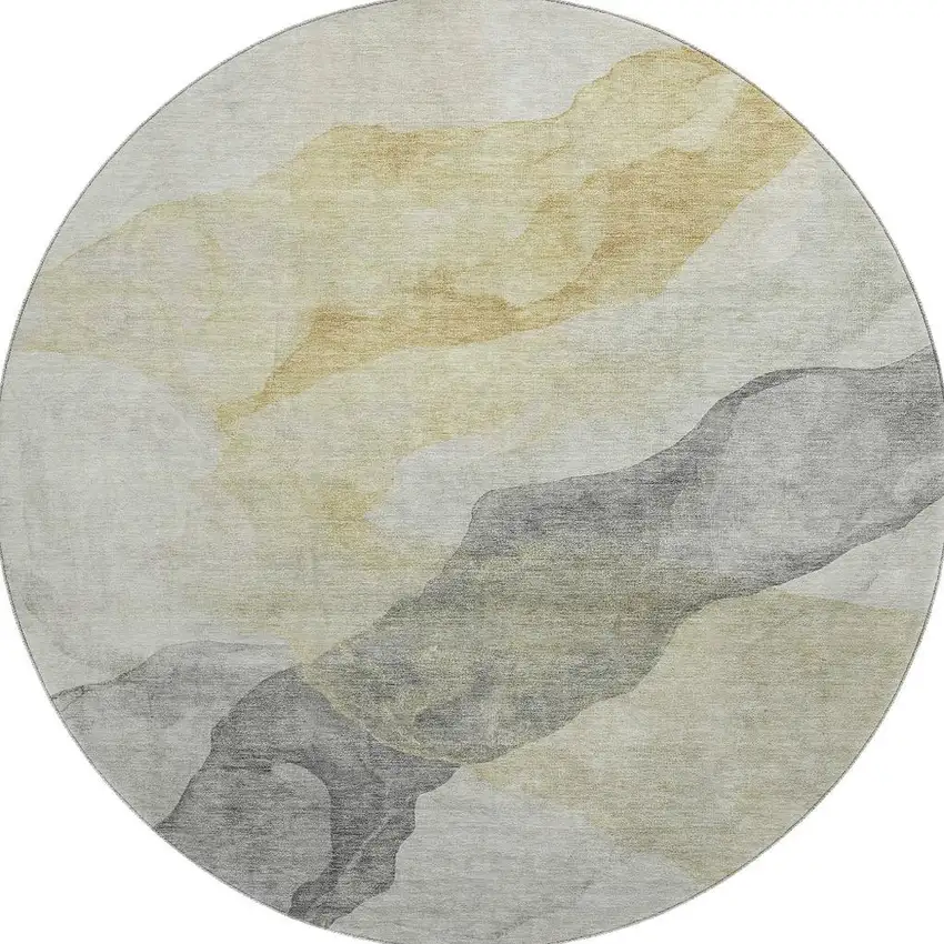 8' Beige And Gray Abstract Washable Round Rug With UV Protection Photo 4