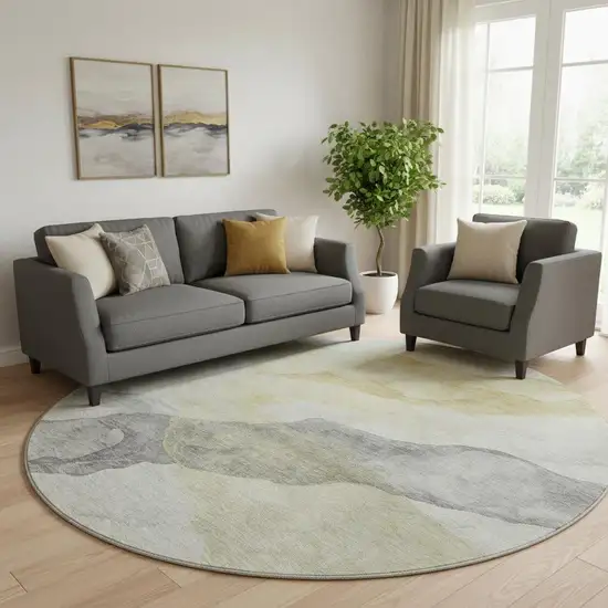 8' Beige And Gray Abstract Washable Round Rug With UV Protection Photo 2