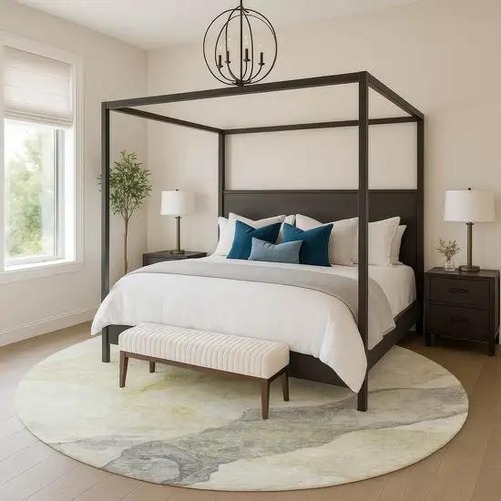 8' Beige And Gray Abstract Washable Round Rug With UV Protection Photo 5