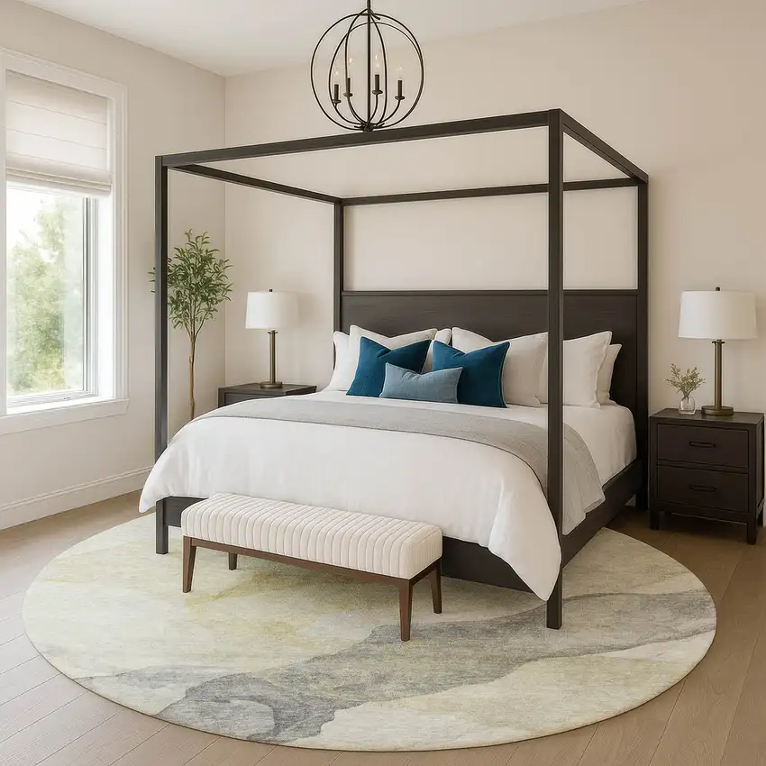 8' Beige And Gray Abstract Washable Round Rug With UV Protection Photo 5