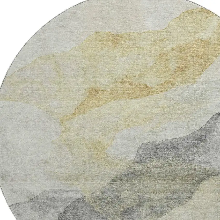 8' Beige And Gray Abstract Washable Round Rug With UV Protection Photo 3