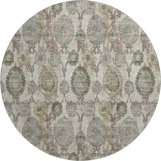 8' Beige And Gray Damask Washable Round Rug With UV Protection Photo 1