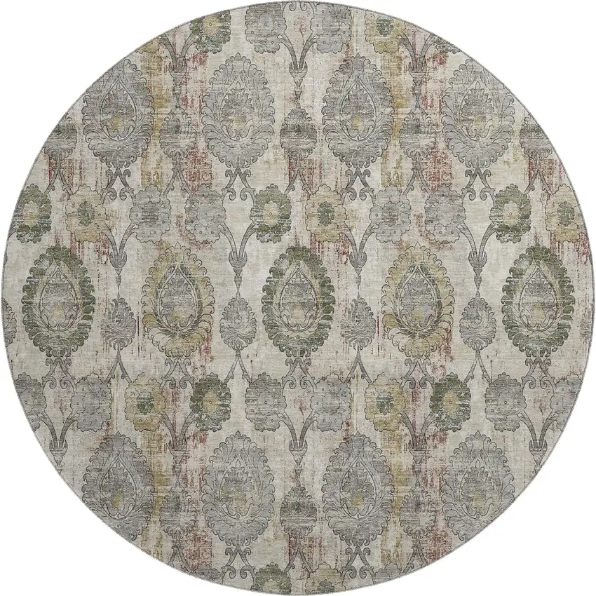8' Beige And Gray Damask Washable Round Rug With UV Protection Photo 1