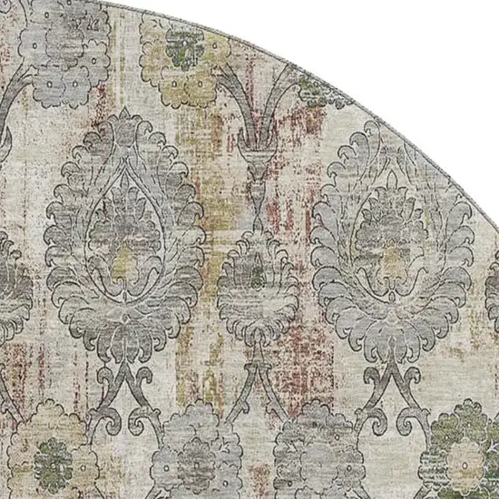 8' Beige And Gray Damask Washable Round Rug With UV Protection Photo 3