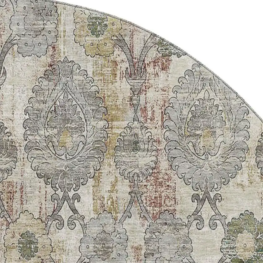 8' Beige And Gray Damask Washable Round Rug With UV Protection Photo 3