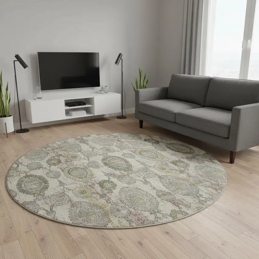 8' Beige And Gray Damask Washable Round Rug With UV Protection Photo 2