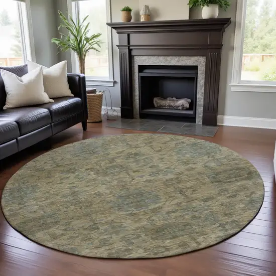 8' Beige And Gray Damask Washable Round Rug With UV Protection Photo 4