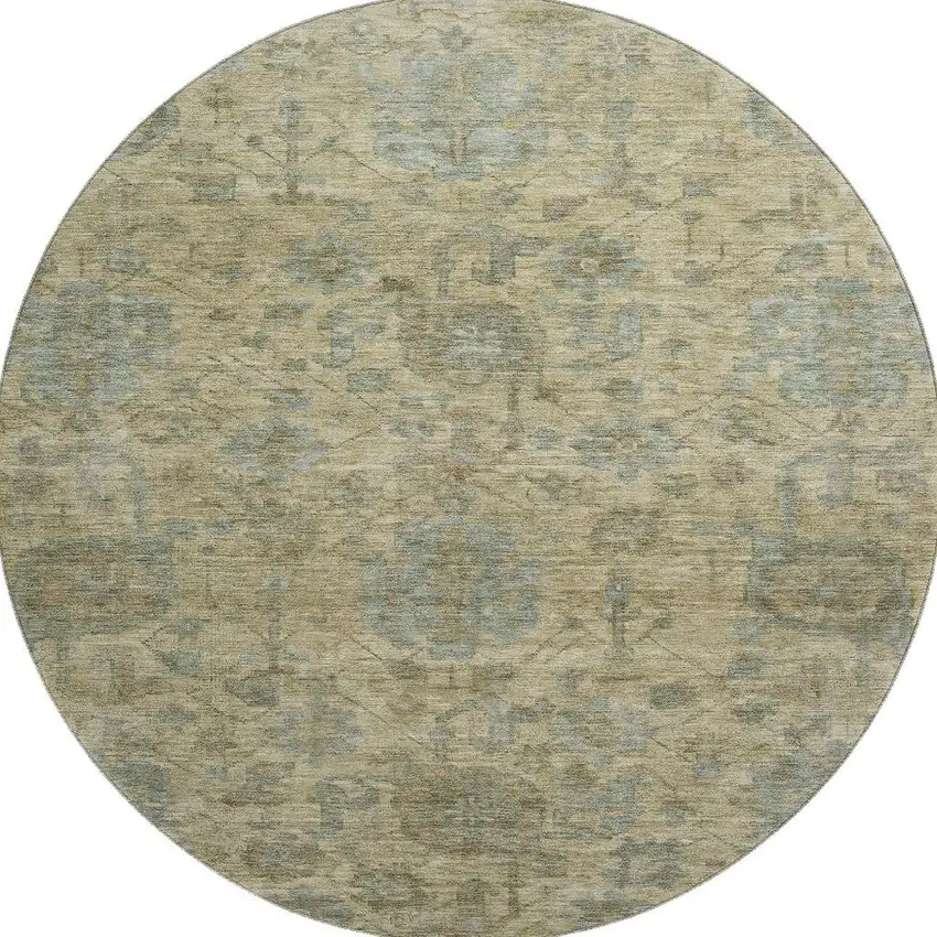 8' Beige And Gray Damask Washable Round Rug With UV Protection Photo 2