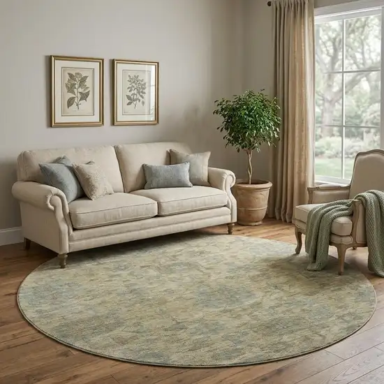 8' Beige And Gray Damask Washable Round Rug With UV Protection Photo 1