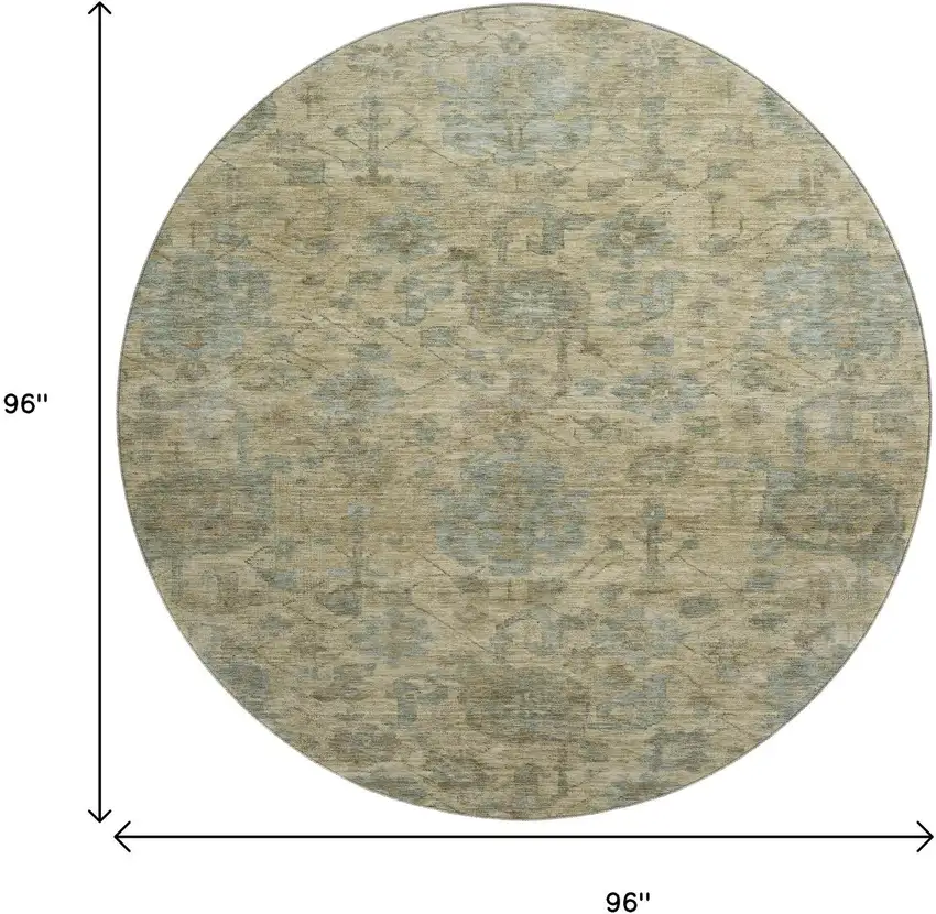 8' Beige And Gray Damask Washable Round Rug With UV Protection Photo 9