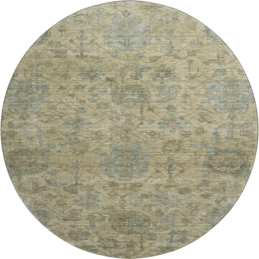 8' Beige And Gray Damask Washable Round Rug With UV Protection Photo 1