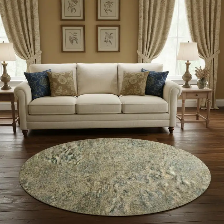 8' Beige And Gray Damask Washable Round Rug With UV Protection Photo 2