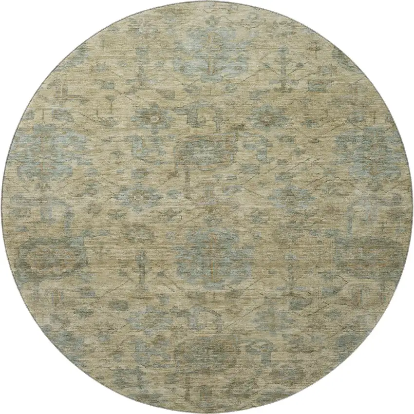 8' Beige And Gray Damask Washable Round Rug With UV Protection Photo 3