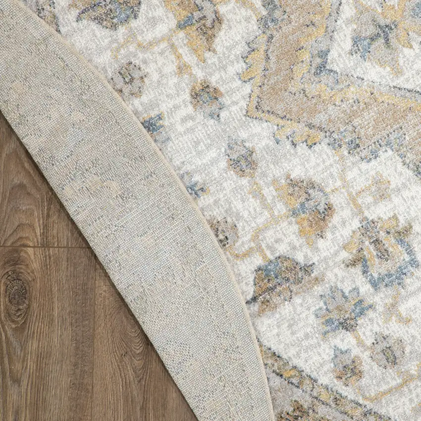 5' Beige And Gray Floral Medallion Washable Round Rug Photo 8