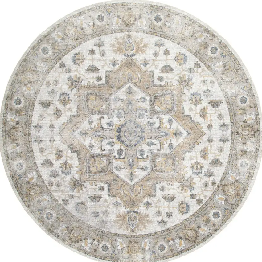 5' Beige And Gray Floral Medallion Washable Round Rug Photo 3
