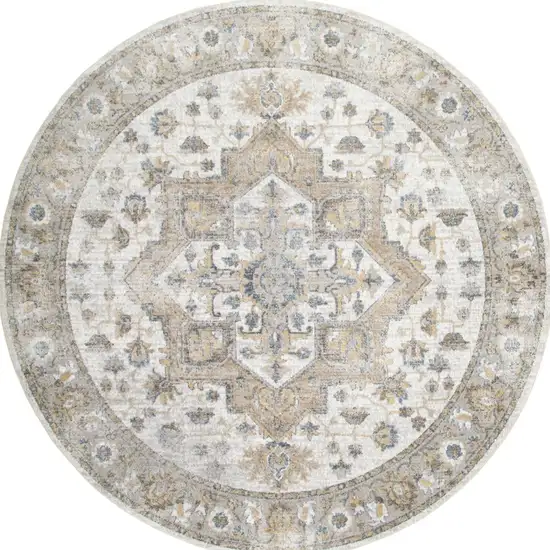 5' Beige And Gray Floral Medallion Washable Round Rug Photo 3
