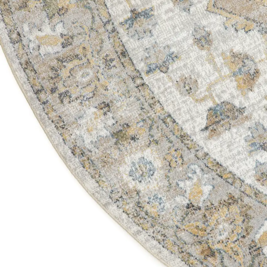 5' Beige And Gray Floral Medallion Washable Round Rug Photo 9